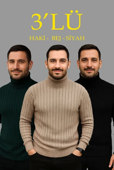 Erkek Fitilli Triko Kazak 3'lü Set Bej Haki Siyah Regular Balıkcı Yaka Tam Boğazlı Triko Seti Modeli Kazak ürün görseli 1