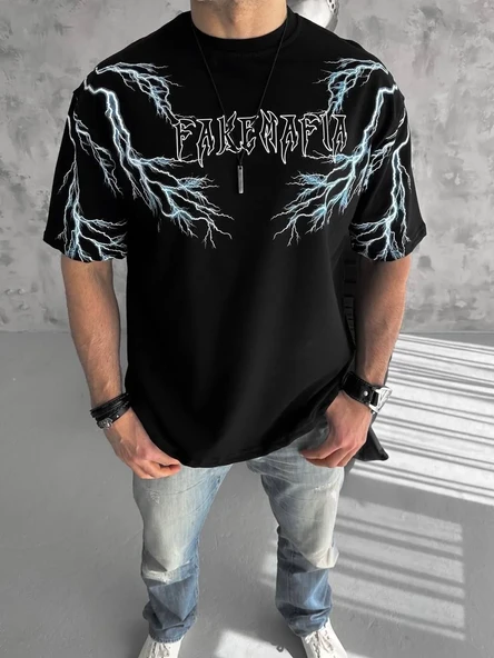 Unisex Bisiklet Yaka Baskılı Oversize T-shirt-siyah ürün görseli 1