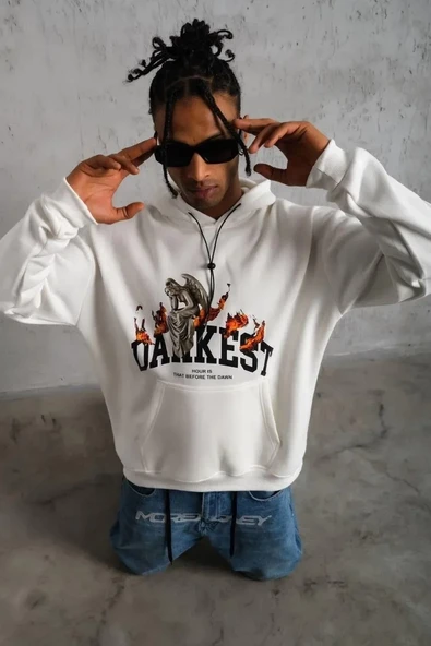 Erkek Oversize Kapüşonlu Sweatshirt – Beyaz Renk Üç İplik İçi Pamuklu Kanguru Cepli Baskılı Hoodie Rahat Kalıp Kışlık Günlük Kombinlere Uygun - Beyaz ürün görseli 1