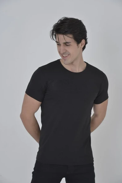 Erkek Gögüs Fileli T-shirt Kısa Kol Bisiklet Yaka Slimfit Tişört  - Siyah ürün görseli 1