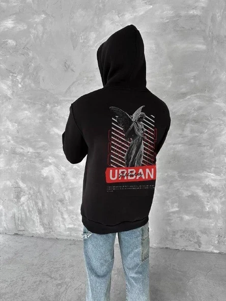 Oversize Üç İplik Kapüşonlu Sweatshirt - Siyah ürün görseli 1