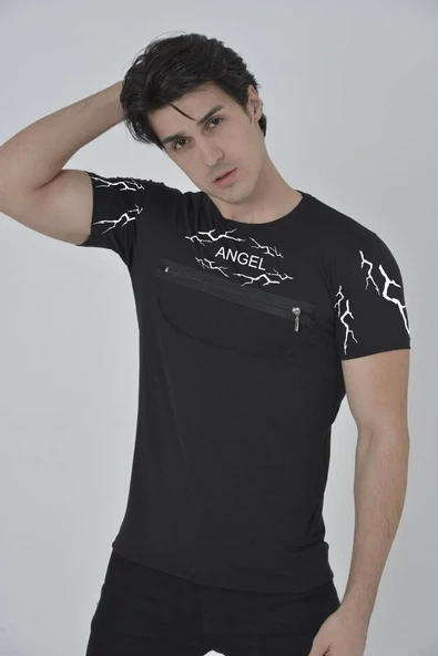 Unisex Göğüs Fermuarlı Baskılı T-shirt - Siyah ürün görseli 1
