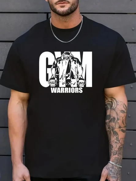 Sporda Günlük Hayata Giyilebilir Gym Baskılı Oversize Bisiklet Yaka Erkek T-shirt - Siyah ürün görseli 1