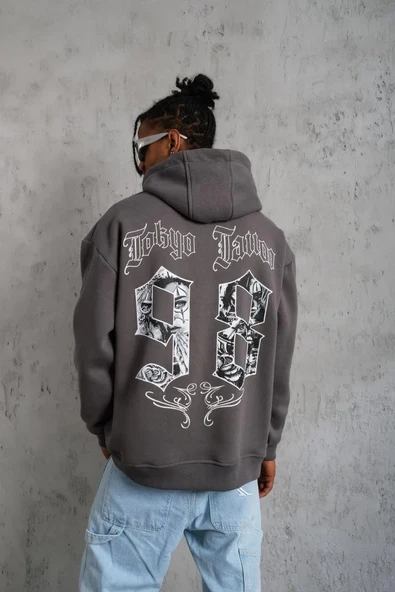 Erkek 98 Baskılı Kapşonlu Sweat - Gri - Resim 3