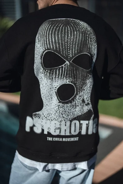 Kışlık Bisiklet Yaka Baskılı Sweatshirt - Siyah - Resim 2