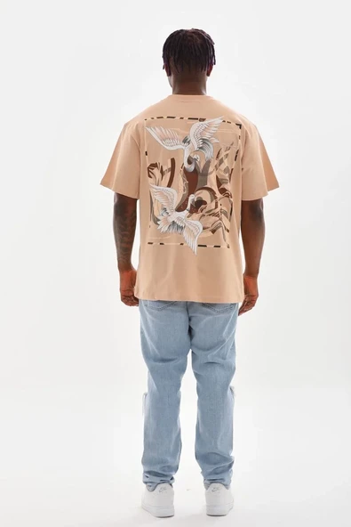 Unisex Baskılı Oversize T-shirt - Bej - Resim 7