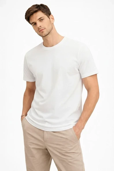 Erkek Bisiklet Yaka Tişört Regular Kalıp Basic Pamuklu Günlük Kullanım T-shirt - Beyaz ürün görseli 1