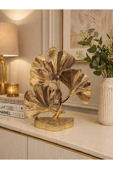 Duygu ve Yaşam Tarzı Odaklı Gold Ginkgo Yaprağı Lüks Dekoratif Metal Biblo Heykel Obje 29 cm x 23 cm ürün görseli 1