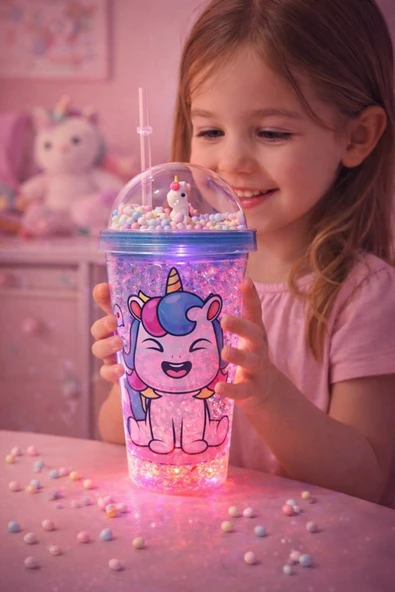 Renkli Boncuklu Sevimli Unicorn Tasarımlı 450 ML Led Işıklı Pipetli İçecek Bardağı Suluk Mavi 2646 ürün görseli 1