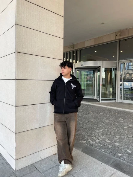 Samuray Kapüşonlu Zıp Fermuarlı Kapüşonlu Sweatshirt - Siyah - Resim 3