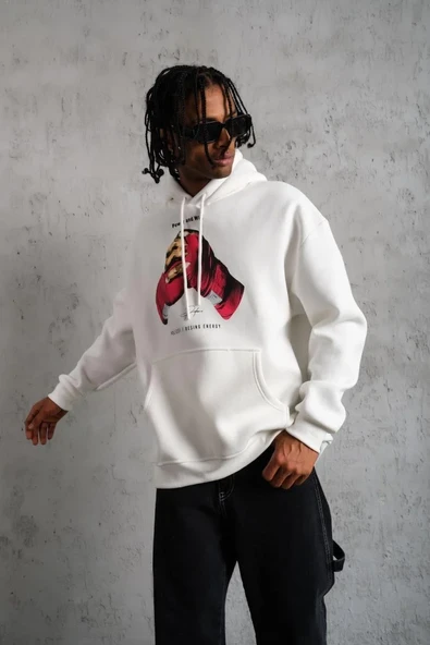 Erkek Eldiven Baskılı Kapüşonlu Sweat - Beyaz - Resim 4