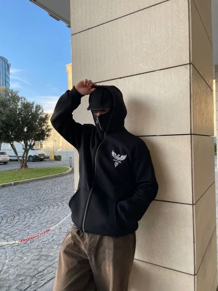 Samuray Kapüşonlu Zıp Fermuarlı Kapüşonlu Sweatshirt - Siyah - Resim 2
