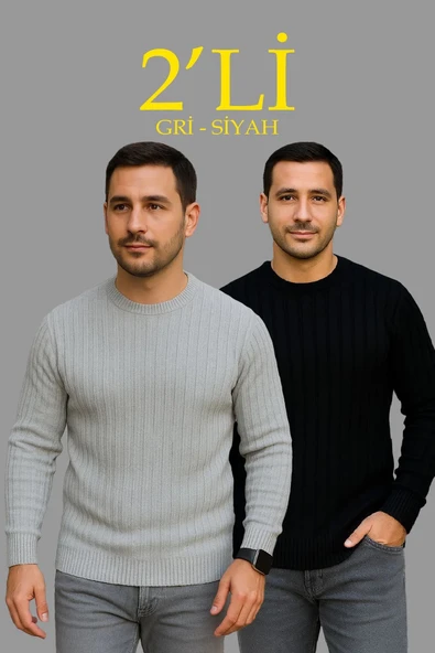 Erkek Fitilli Triko Kazak 2’li Set Siyah Gri Kalın Dokuma Pamuklu Regular Fit Bisiklet ürün görseli 1