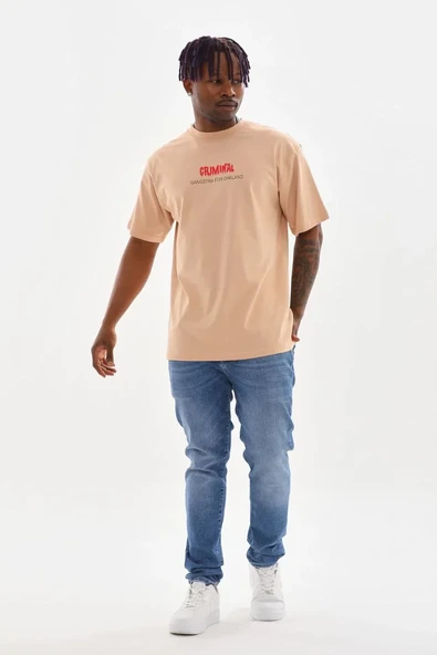 Unisex Baskılı Oversize T-shirt - Bej - Resim 4