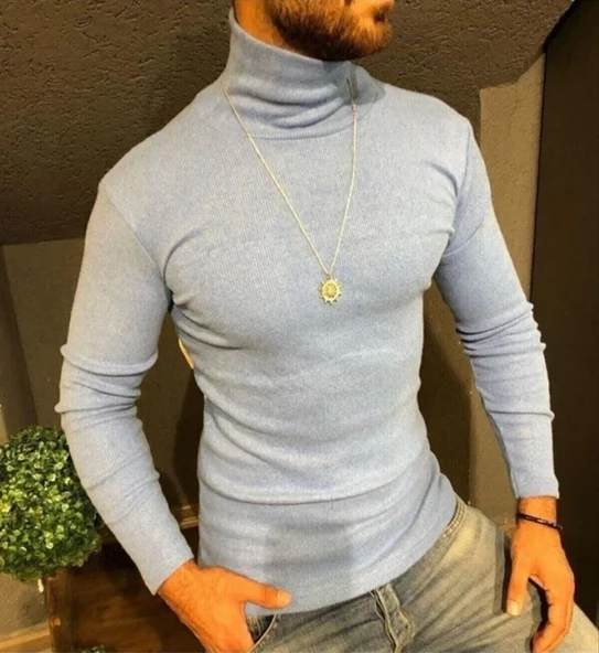Erkek Kaşkorse Boğazlı Full Likralı Fitilli Body Kazak - Gri ürün görseli 1
