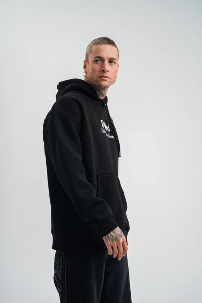 Üç İplik Kapşonlu Dijital Patchli Sweatshirt - Siyah - Resim 7