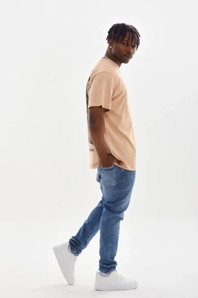 Unisex Baskılı Oversize T-shirt - Bej - Resim 6