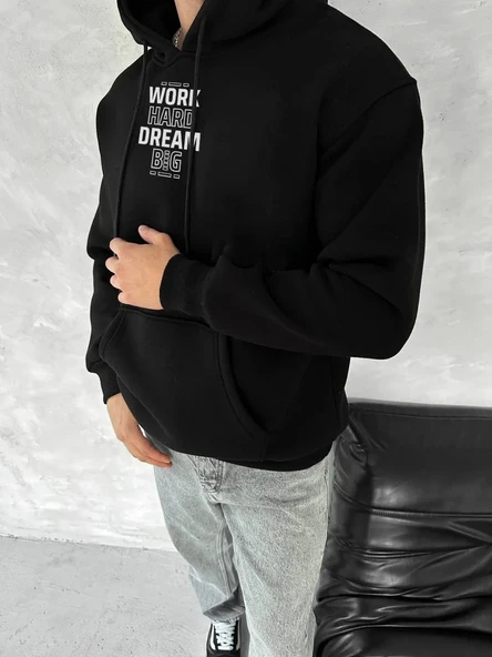 Kışlık Üç İplik Kapüşonlu Sweatshirt - Siyah ürün görseli 1