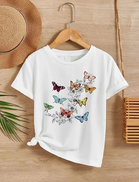 Kız Çocuk Bisiklet Yaka Baskılı T-shirt - Beyaz ürün görseli 1