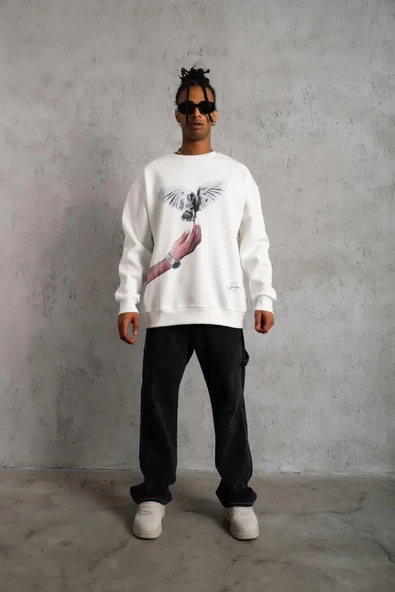 Erkek Güvercin Baskılı Sweatshirt - Beyaz - Resim 4