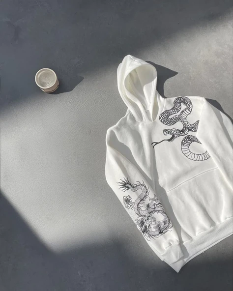 Uzun Kol Kapüşonlu Baskılı Sweatshirt - Beyaz - Resim 4