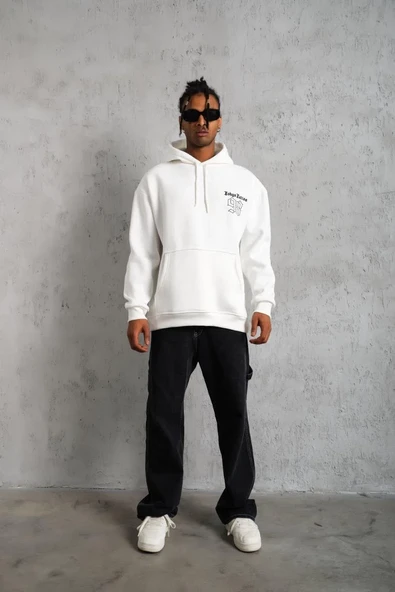 Erkek 98 Baskılı Kapşonlu Sweat - Beyaz - Resim 2