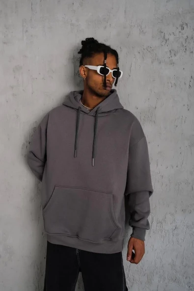 Erkek Düz Kapüşonlu Sweat - Gri ürün görseli 1