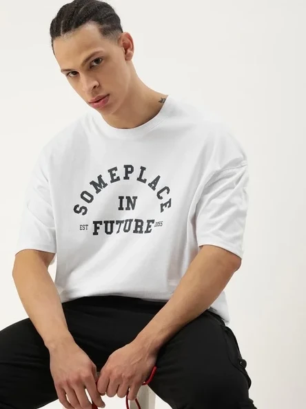 Erkek Baskılı Oversize T-shirt - Beyaz - Resim 2