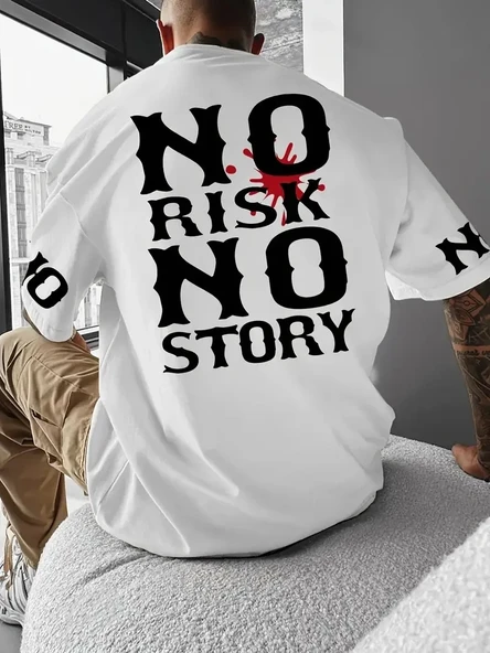 No Risk No Story Baskılı Oversize Bisiklet Yaka T-shirt - Beyaz ürün görseli 1