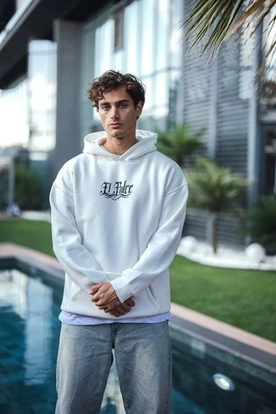Üç İplik Penye Kapşonlu Baskılı Sweatshirt - Beyaz ürün görseli 1