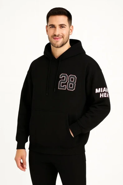 Erkek Kapşonlu Sweatshirt – Üç İplik Şardonlu Kumaş, Oversize Fit, Ön & Arka Baskılı, Kanguru Cepli, Kışlık Rahat Hoodie - Siyah ürün görseli 1