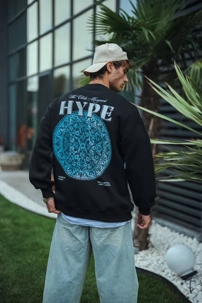 Üç İplik Bisiklet Yaka Baskılı Sweatshirt - Siyah ürün görseli 1
