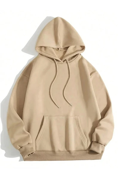 Erkek Düz Kapüşonlu Sweat - Bej ürün görseli 1