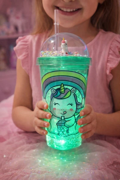 Renkli Boncuklu Sevimli Unicorn Tasarımlı 450 ML Led Işıklı Pipetli İçecek Bardağı Suluk Yeşil 2646 ürün görseli 1