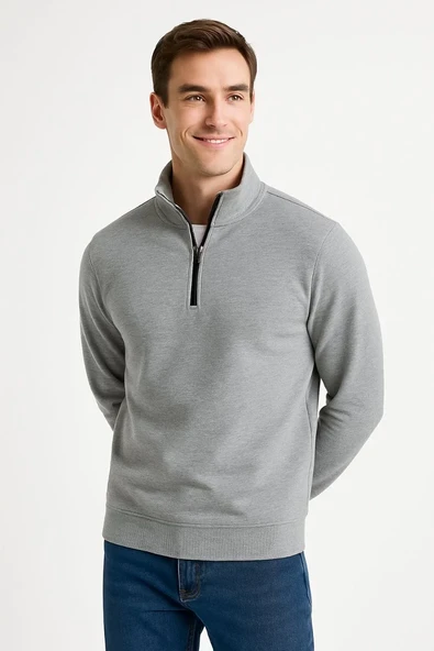 Erkek Dik Yaka Sweatshirt Dik Yaka Yarım Fermuarlı 3 İplik Şardonlu Pamuk Kumaş - Gri ürün görseli 1