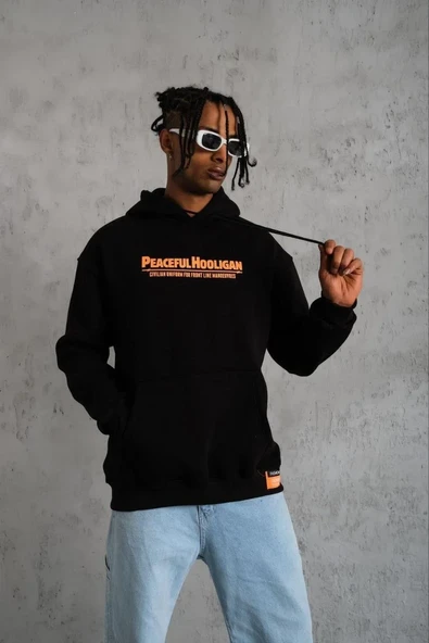 Erkek Armalı Baskılı Kapüşonlu Sweatshirt - Siyah - Resim 2