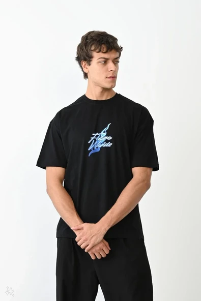 Unisex Bisiklet Yaka Baskılı Oversize T-shirt - Siyah ürün görseli 1