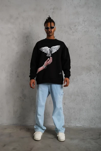 Erkek Güvercin Baskılı Sweatshirt - Siyah - Resim 5