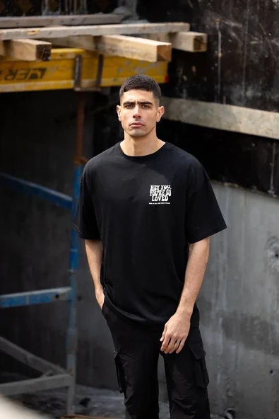 Unisex Bisiklet Yaka Baskılı Oversize T-shirt - Siyah ürün görseli 1