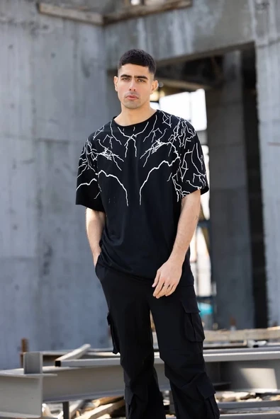 Unisex Bisiklet Yaka Baskılı Oversize T-shirt - Siyah ürün görseli 1