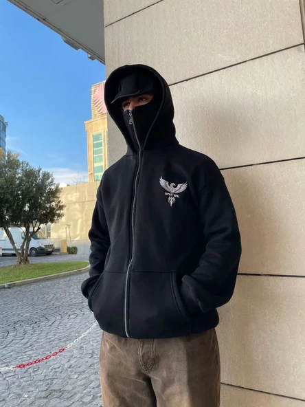 Samuray Kapüşonlu Zıp Fermuarlı Kapüşonlu Sweatshirt - Siyah - Resim 5
