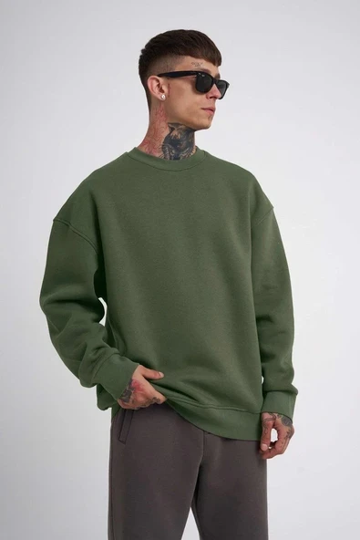 Unisex Biskilet Yaka Üç İplik Sweatshirt - Haki ürün görseli 1