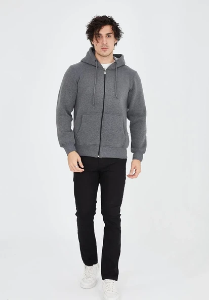 Unisex Tam Fermuarlı Kapşonlu  Sweatshirt - Füme ürün görseli 1