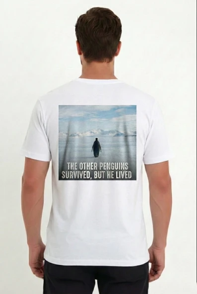 Erkek Oversize Tişört - Sırt Baskılı "survivor Penguin" Temalı, Felsefi Yazılı Bisiklet Yaka Tişört - Beyaz ürün görseli 1