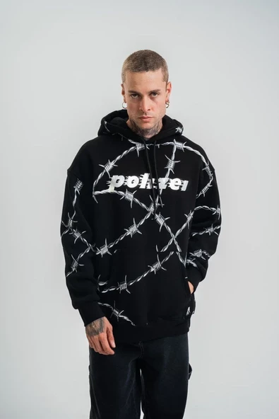 Unisex Kapşonlu Varak Ve Pano Baskılı Sweatshirt- Siyah ürün görseli 1