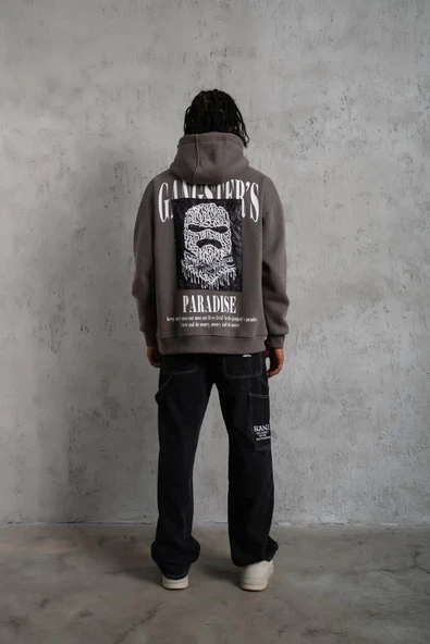 Erkek Paradise Baskılı Kapüşonlu Sweat - Gri - Resim 3
