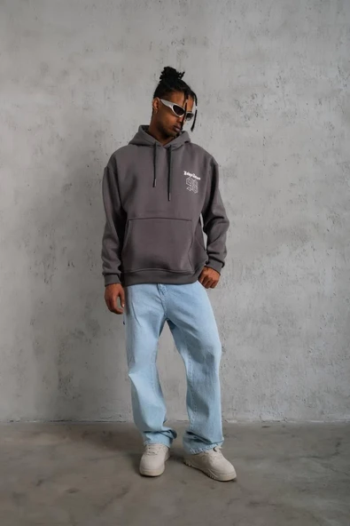 Erkek 98 Baskılı Kapşonlu Sweat - Gri - Resim 2