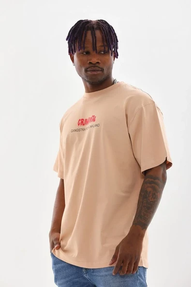 Unisex Baskılı Oversize T-shirt - Bej - Resim 3