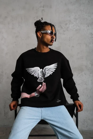 Erkek Güvercin Baskılı Sweatshirt - Siyah - Resim 4