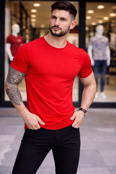Erkek T-shirt Bisiklet Yaka Slim Fit Dar Kesim Likralı Tişört Günlük Basic Body - Kırmızı ürün görseli 1